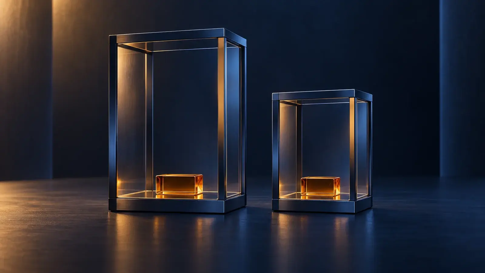 Amber blocks inside differently sized blue display frames illustrate the distinction between account size and loss allowance.