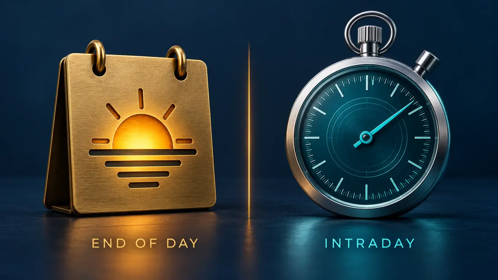 A brass sunset calendar marked End of Day beside a teal stopwatch marked Intraday, illustrating two drawdown timing choices.