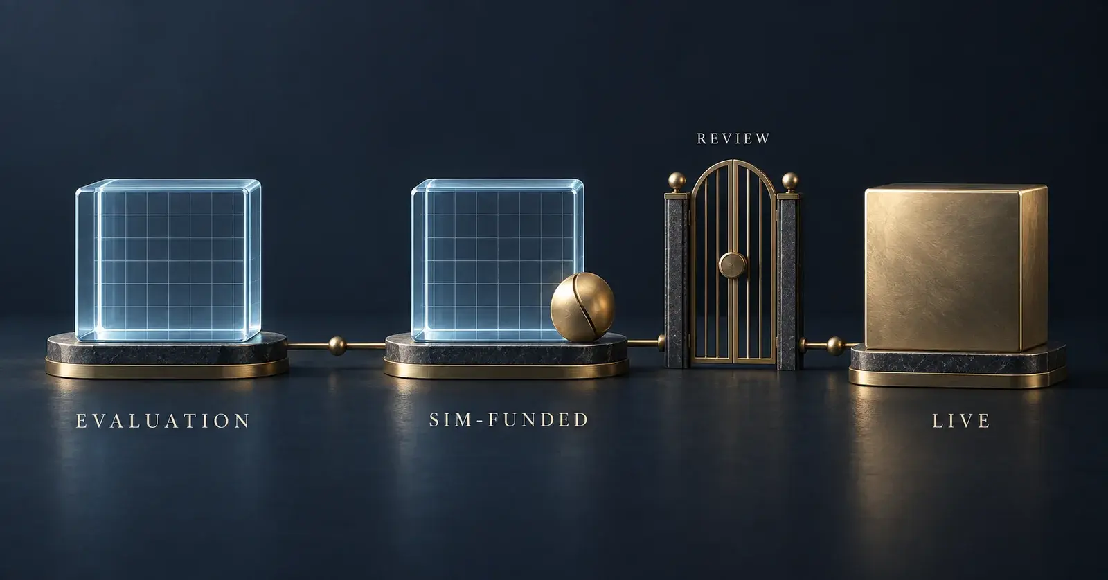 Glass evaluation and simulated-funded stages beside a separate brass live stage behind a review gate.