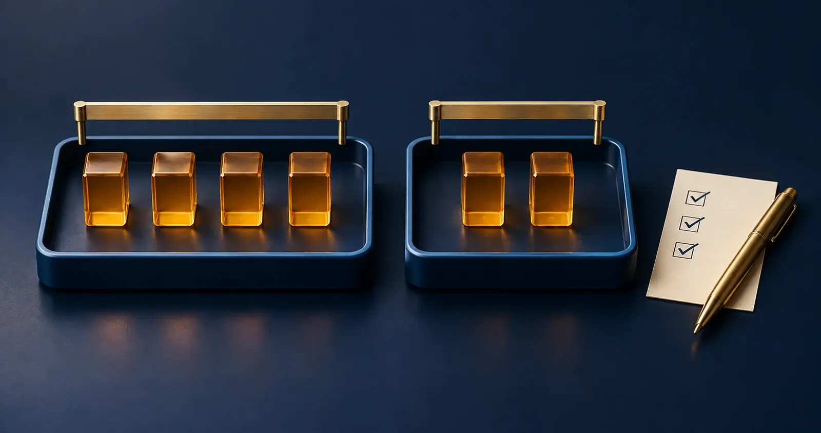 Separate navy trays hold four and two amber blocks under individual limit bars beside a checklist.