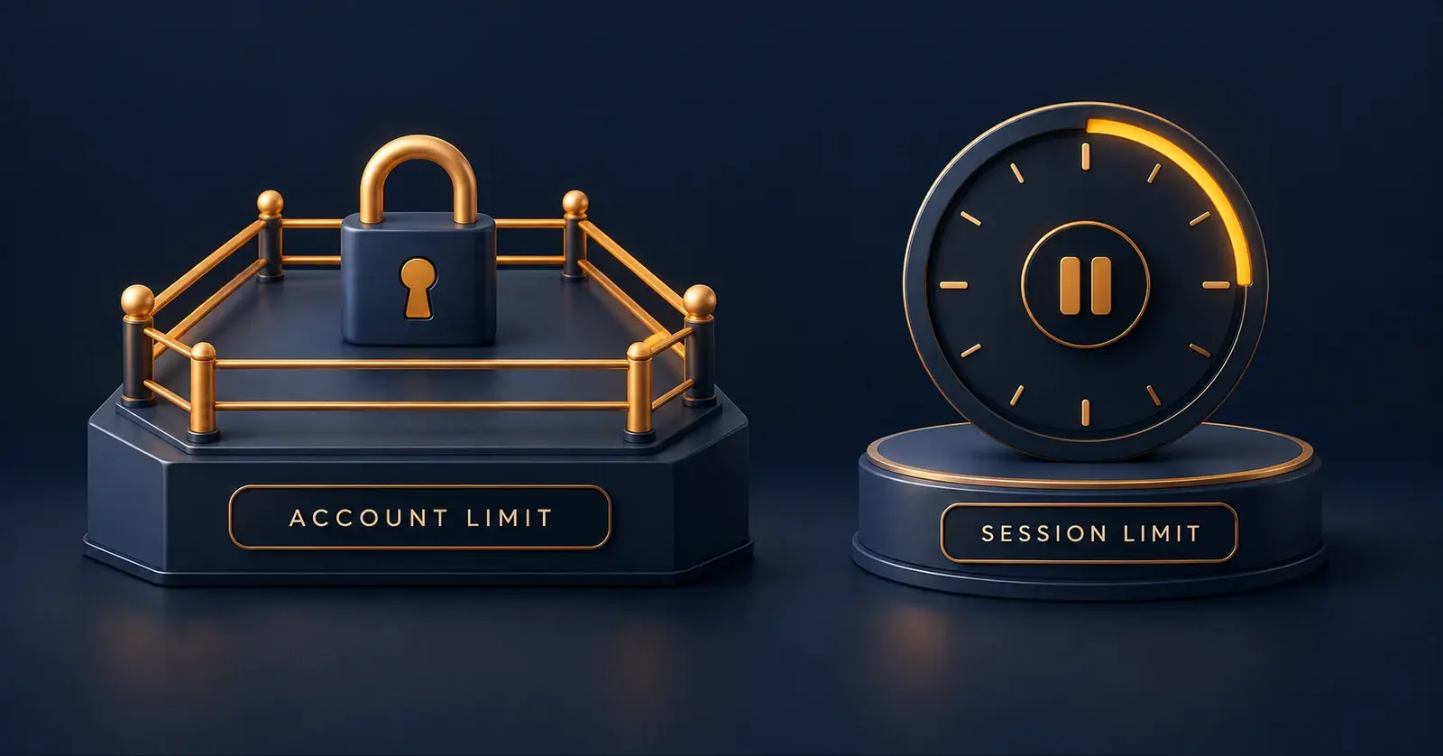 An account boundary with a lock beside a session clock with a pause symbol.