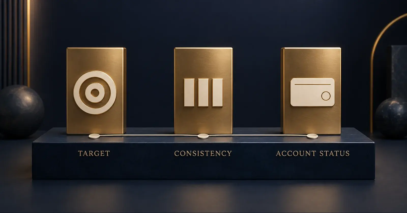Three brass checkpoints representing the profit target, consistency and account-status checks for an evaluation.