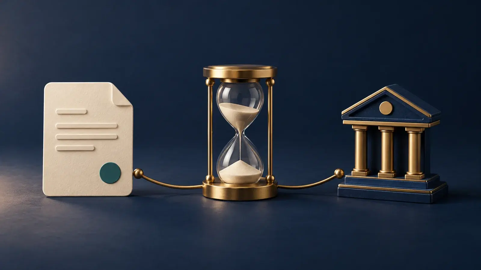 A request document, brass hourglass and bank symbol connected in a conceptual payout process.