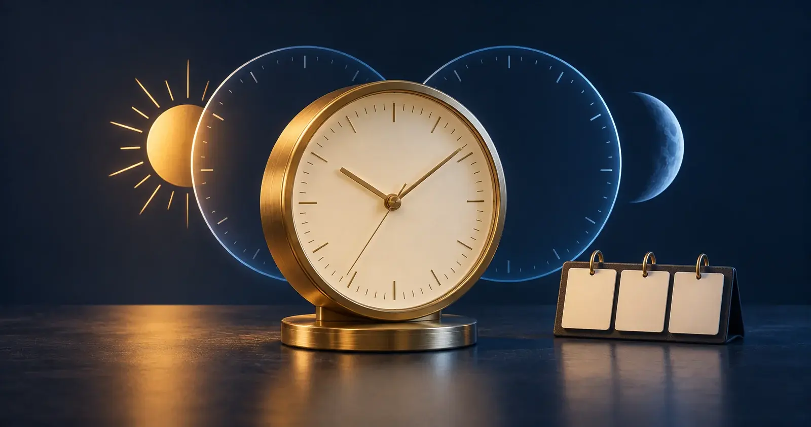 Conceptual brass clock with blue time-zone rings, sun and moon accents, and a blank calendar on a navy surface.