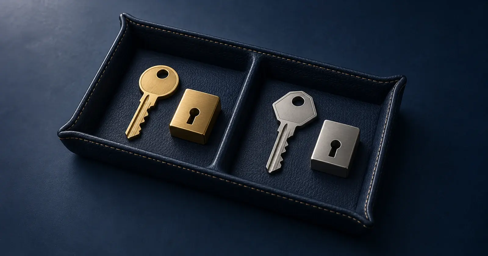 A brass key and a silver key sit in separate tray compartments with matching locks, illustrating distinct website and trading logins.