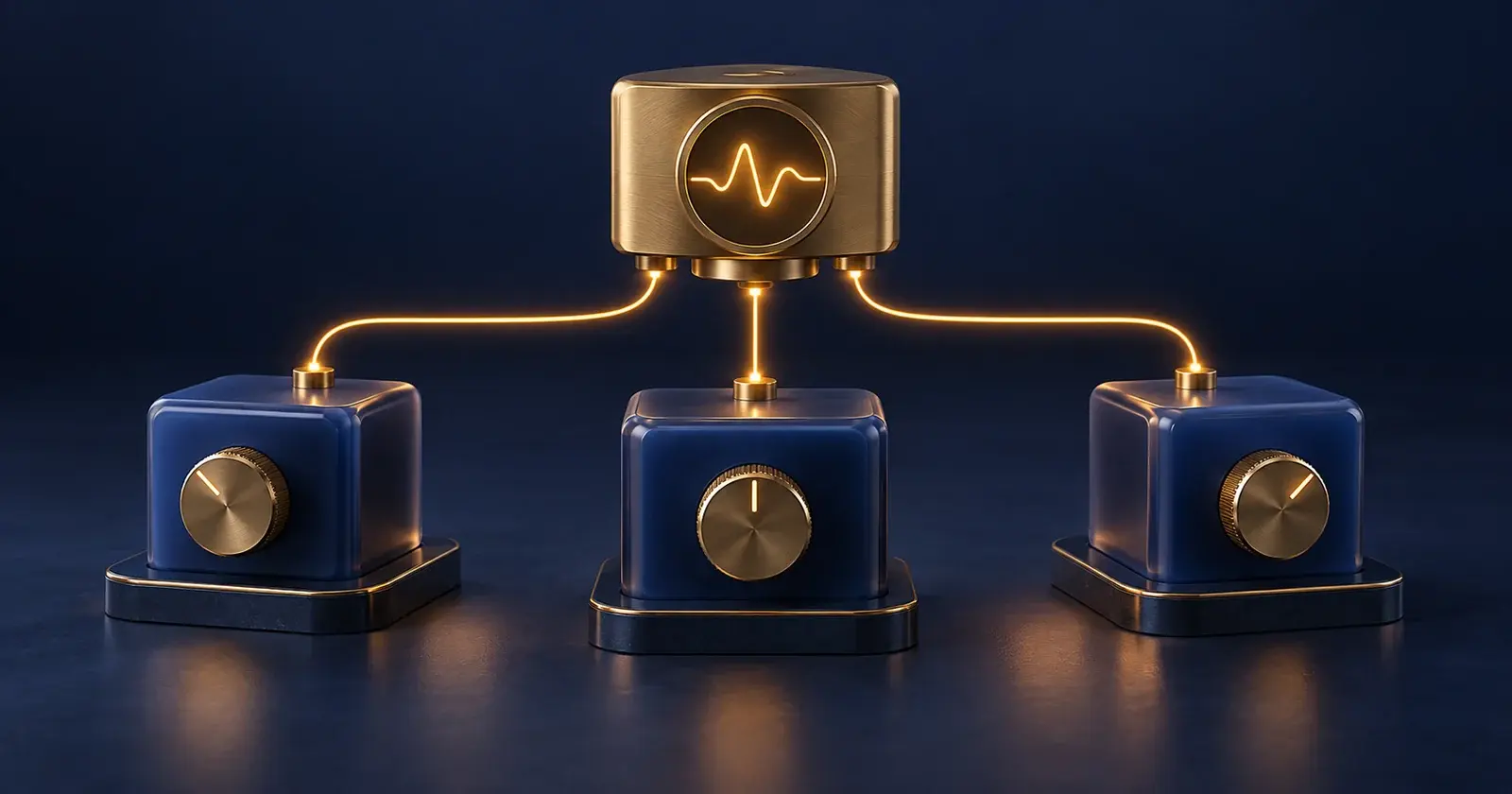 A brass signal hub connects to three separate blue modules with individual control dials.