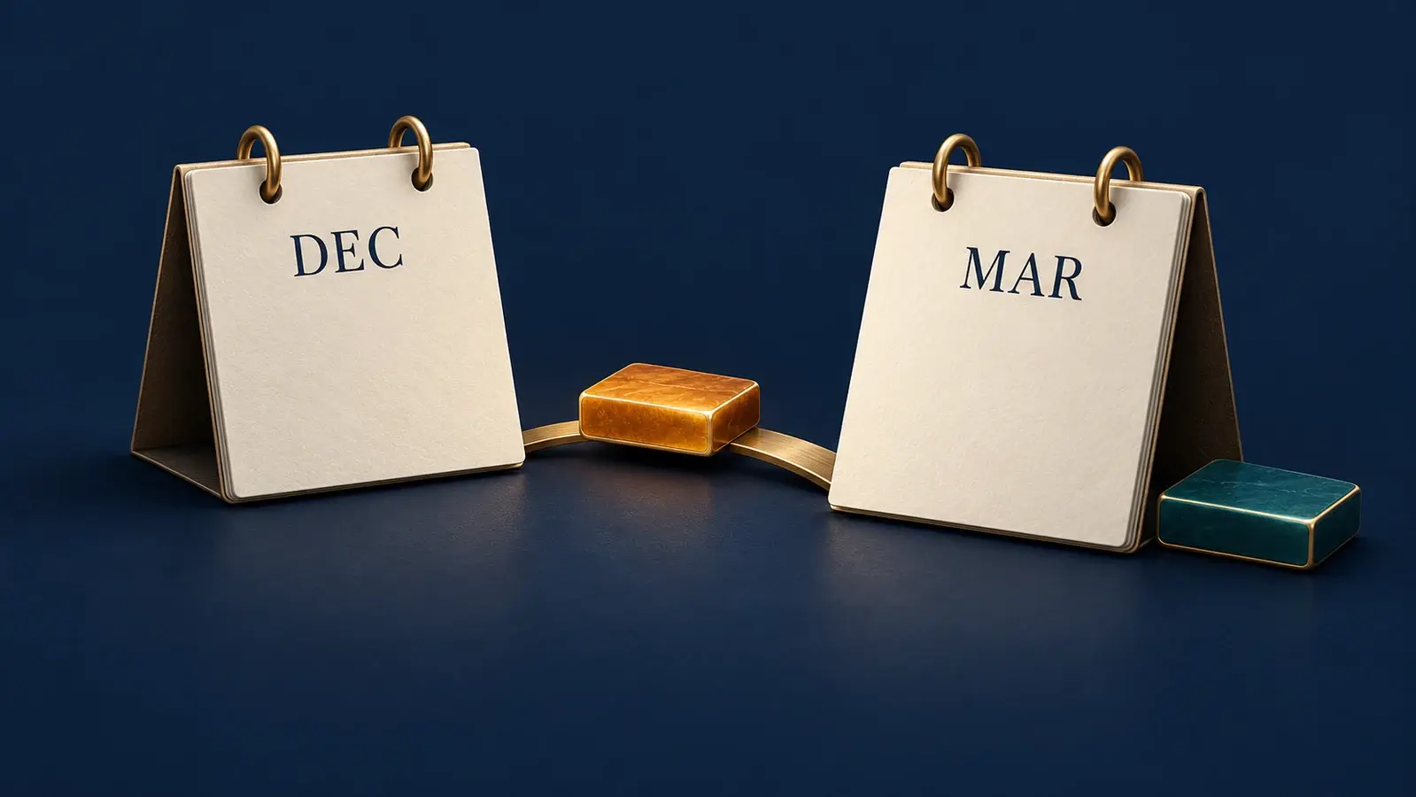 December and March calendar leaves connected by a brass path with an amber contract tile, illustrating a futures rollover.