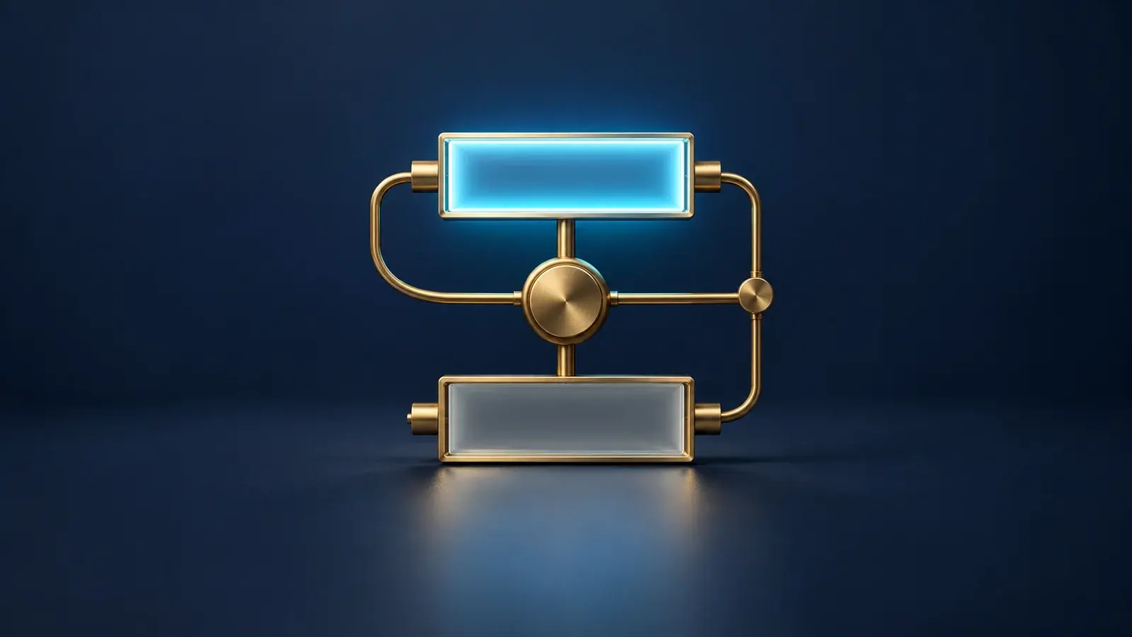 Two exit gates linked by brass conduits, with one illuminated and the other dim, illustrating paired OCO exits.