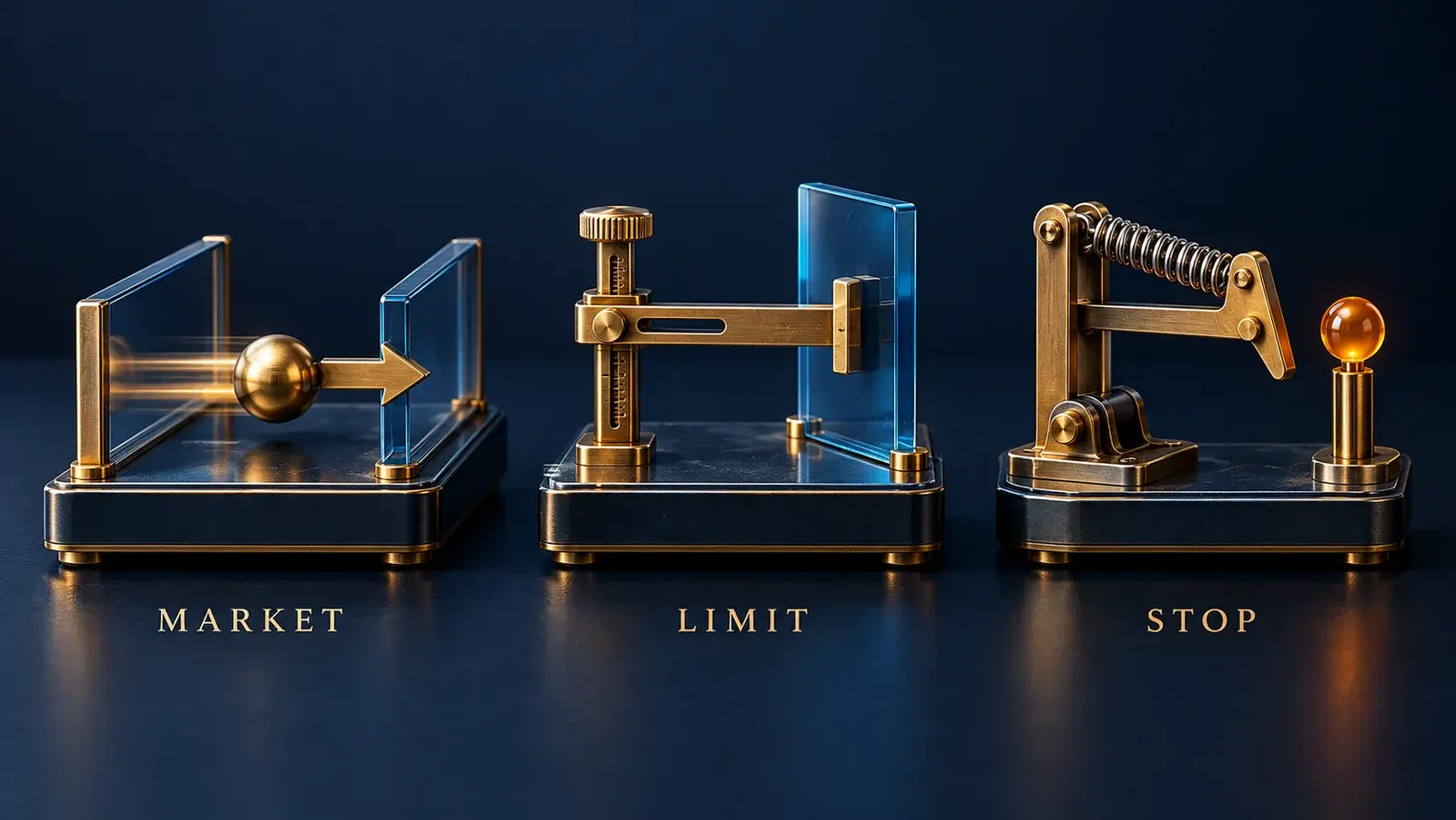 Three brass and blue-glass mechanisms labeled Market, Limit and Stop illustrate execution, a price boundary and a trigger.