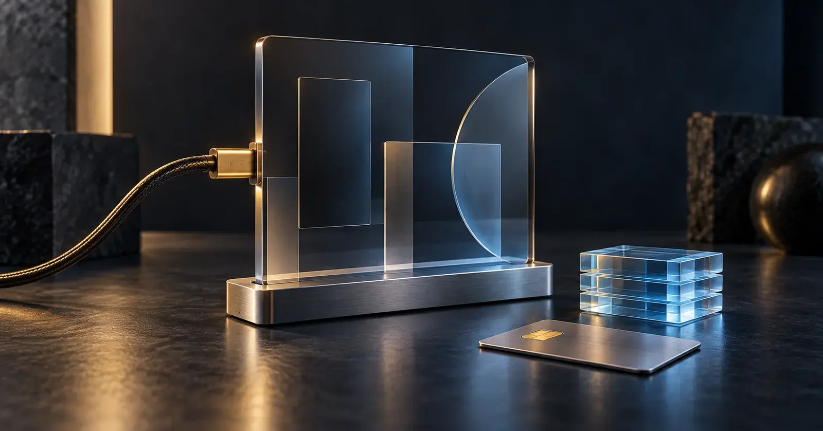 Conceptual glass workspace with a gold connection cable, blue data layers and a software access card.