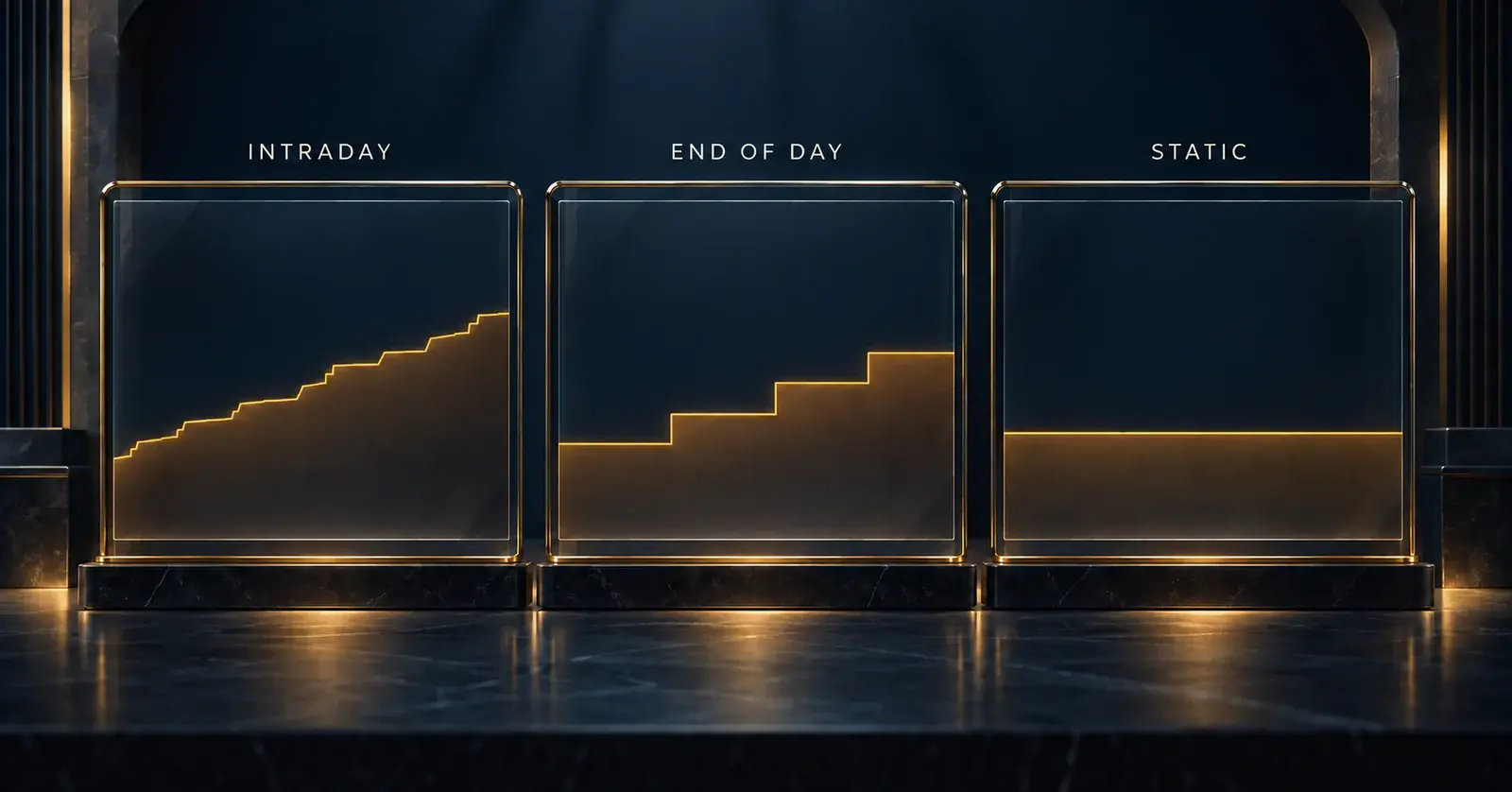 Conceptual intraday, end-of-day and static loss boundaries, shown as fine steps, broad steps and a flat line.