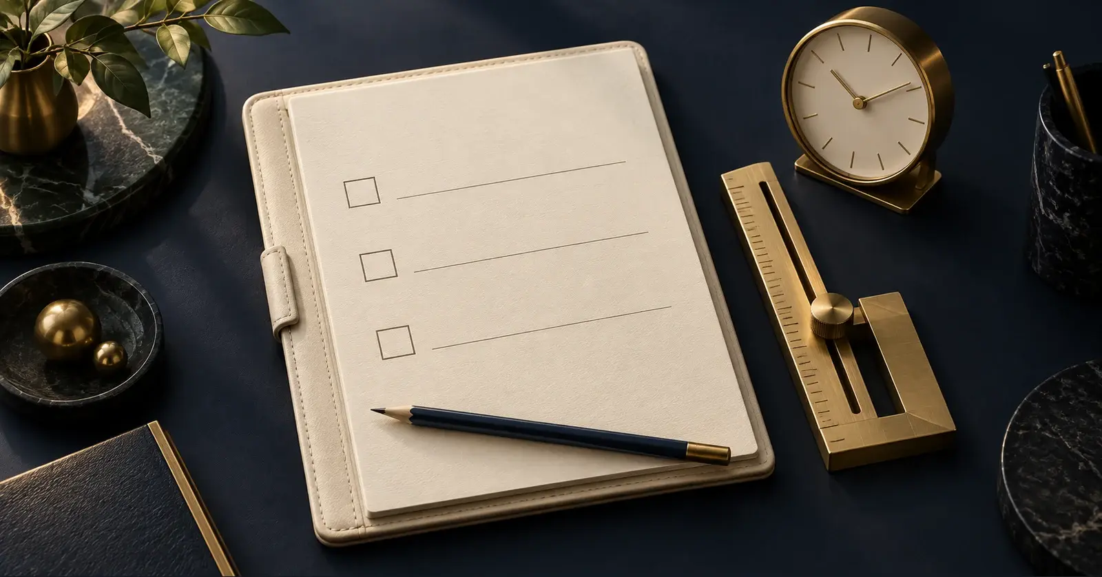 Blank pre-trade checklist beside a brass boundary gauge, clock and pencil on a navy desk.