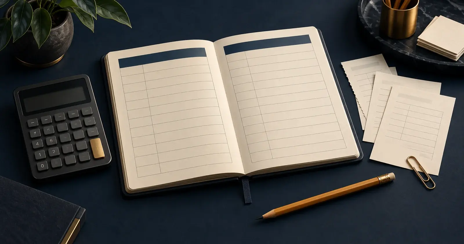 A blank comparison ledger, calculator and invoice slips arranged on a navy desk for comparing total program costs.