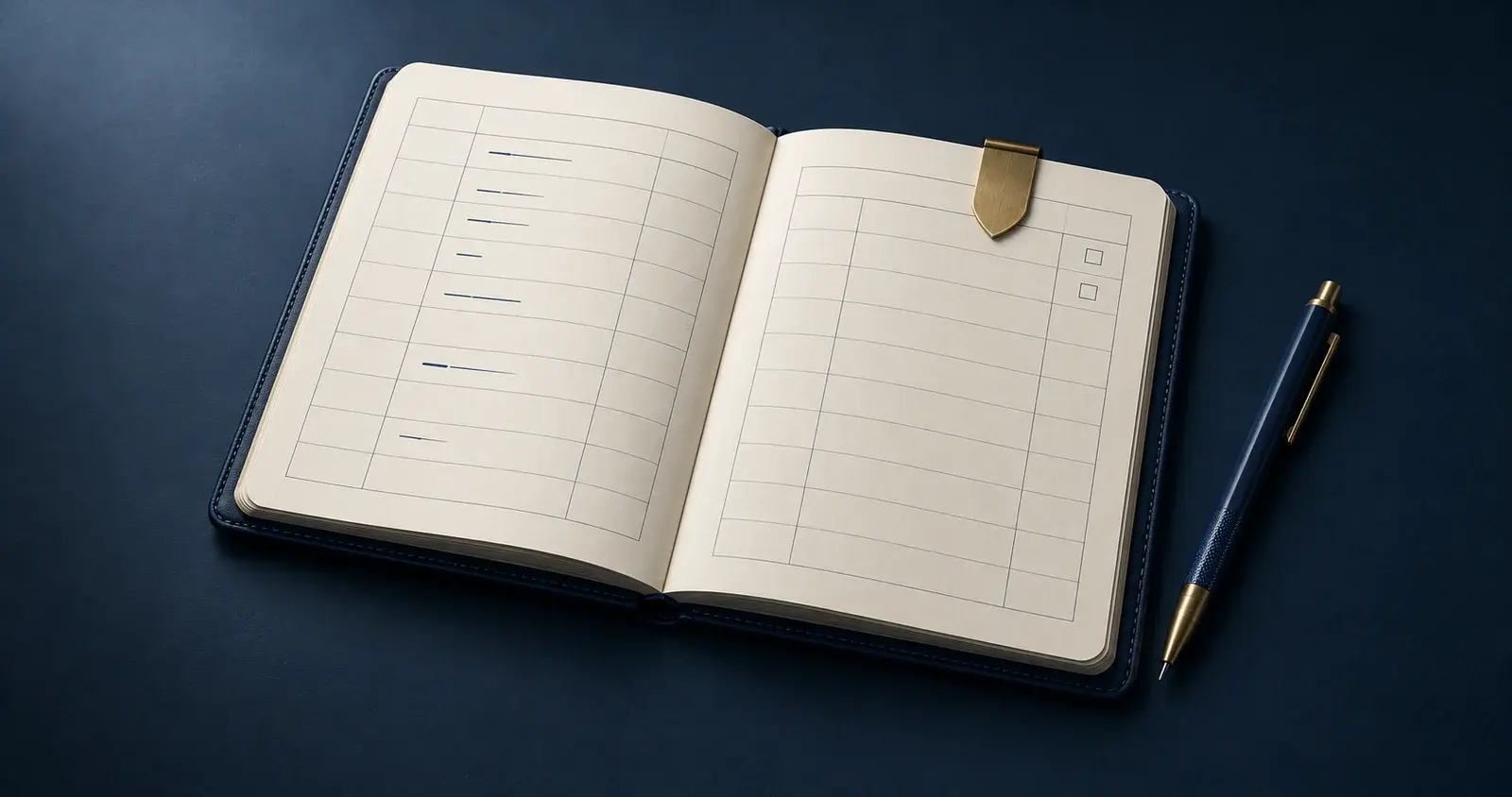 An open ruled journal with a brass shield bookmark and a navy pencil, illustrating trade records and account-rule checks.