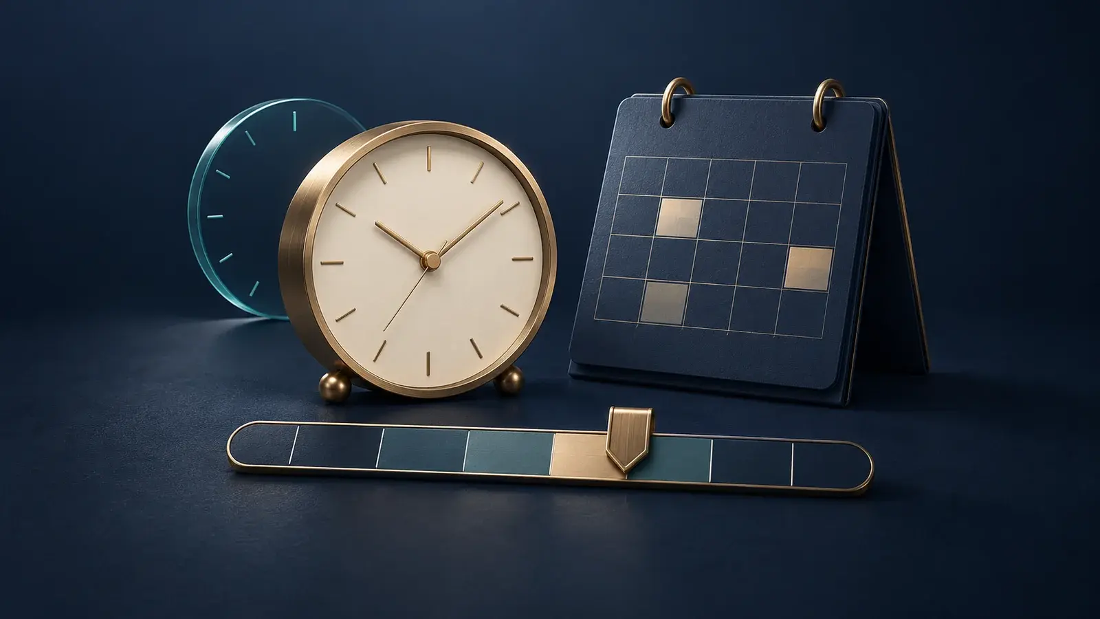 A brass clock beside a navy calendar and a session strip with a cutoff marker.