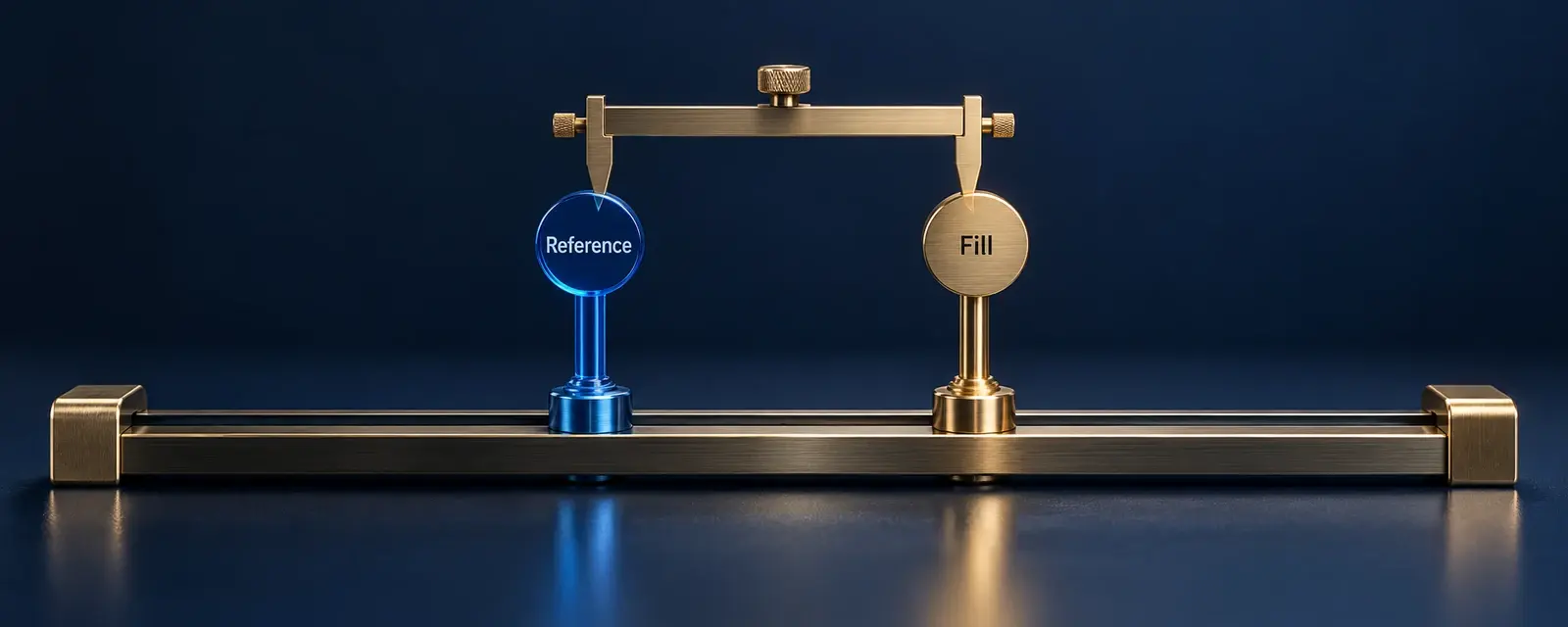 A brass caliper measures the gap between a blue Reference marker and a gold Fill marker.