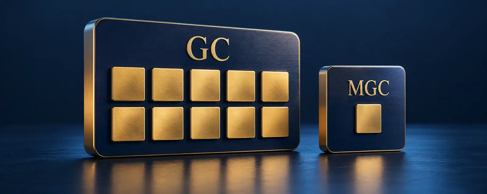 A GC plaque with ten gold squares beside an MGC plaque with one, illustrating the 10-to-1 contract-size ratio.