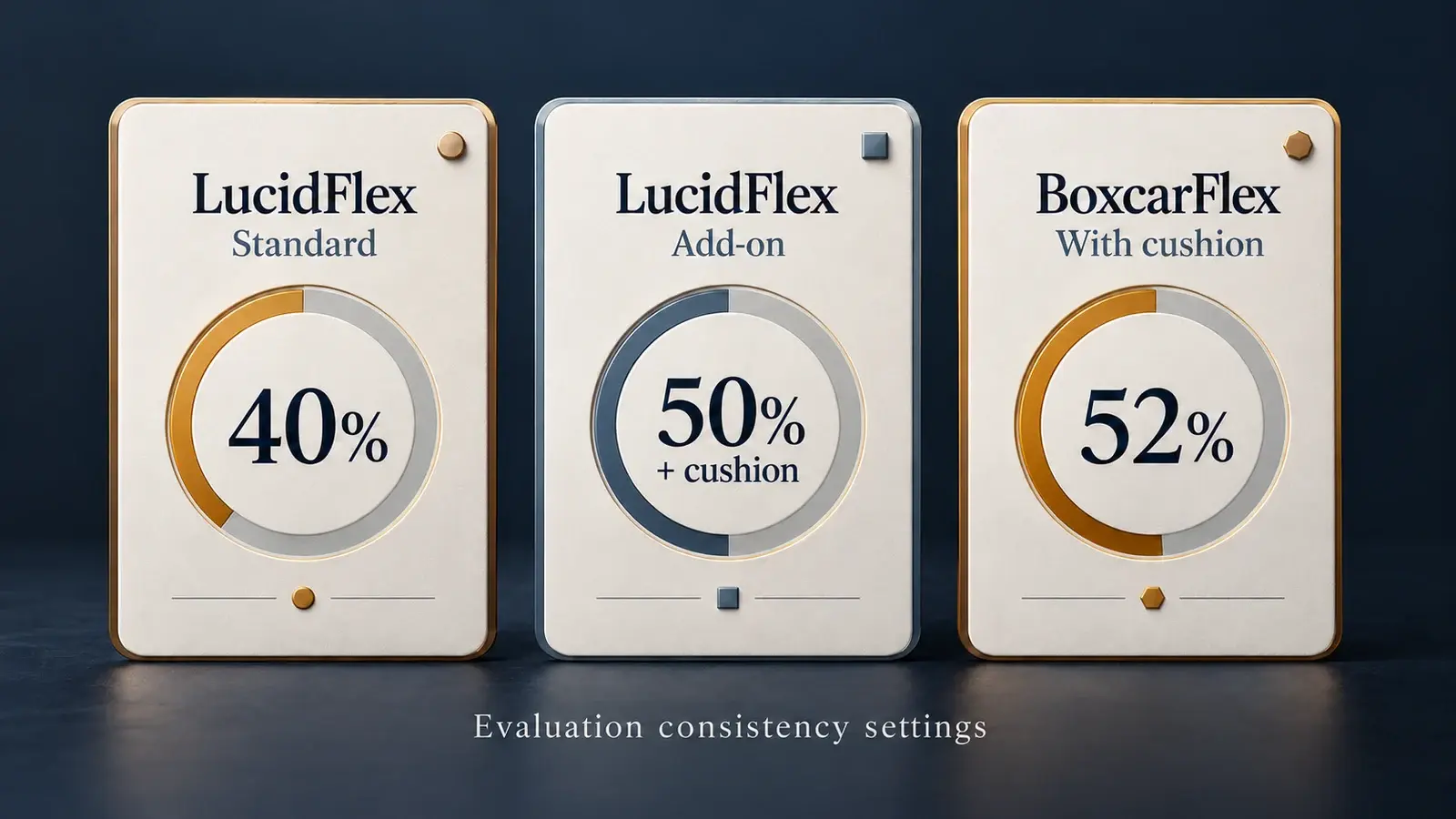 Three rule cards show LucidFlex standard 40%, its 50% add-on with a cushion, and BoxcarFlex’s 52% ceiling with its cushion.