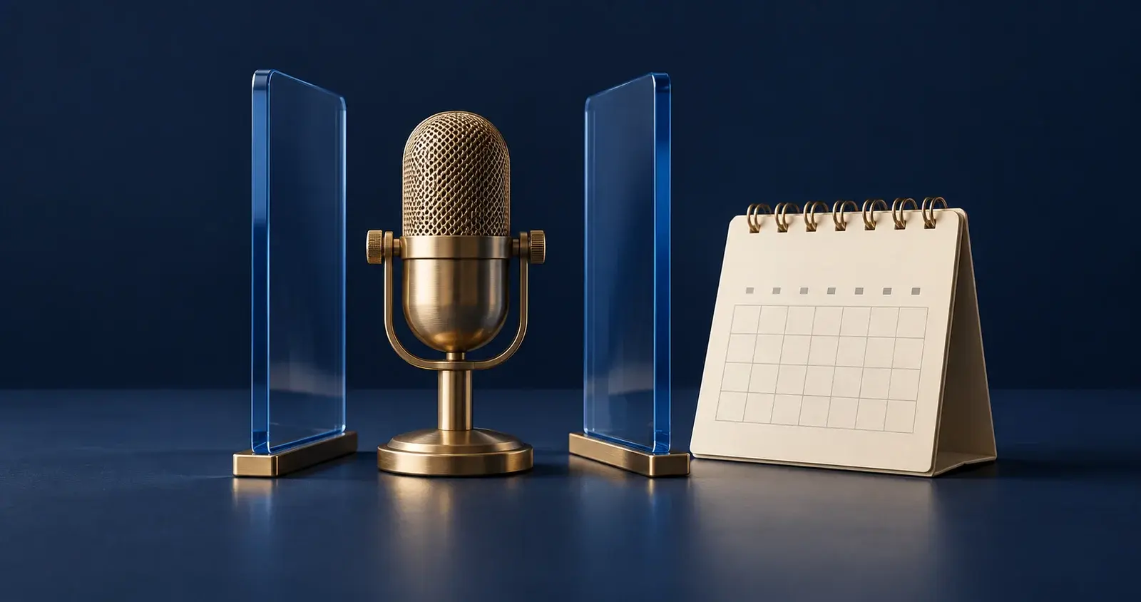 Brass broadcast microphone between two blue glass panels beside a blank calendar.