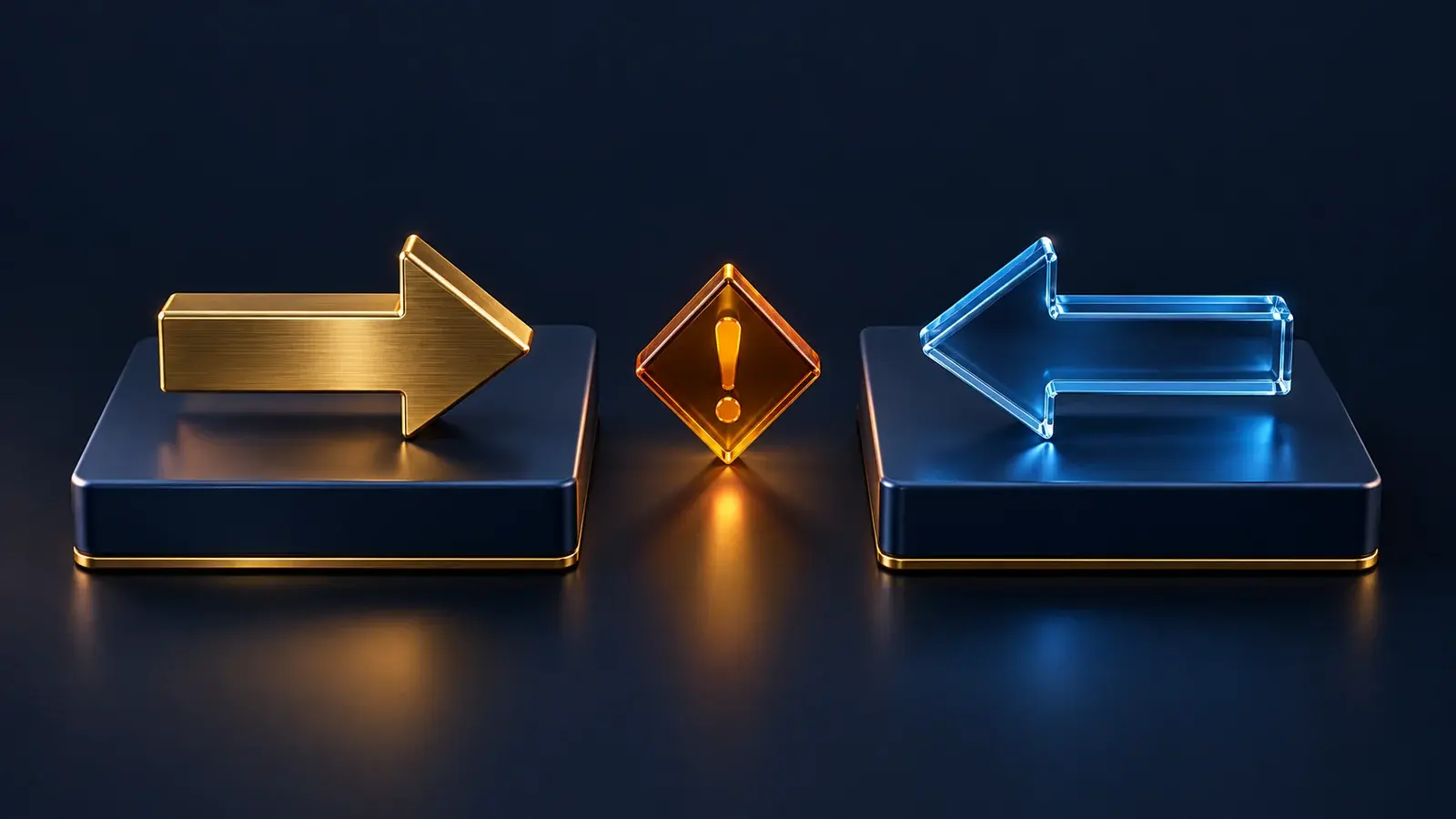 Opposite-facing brass and blue arrows on separate navy account platforms, divided by an amber warning diamond.
