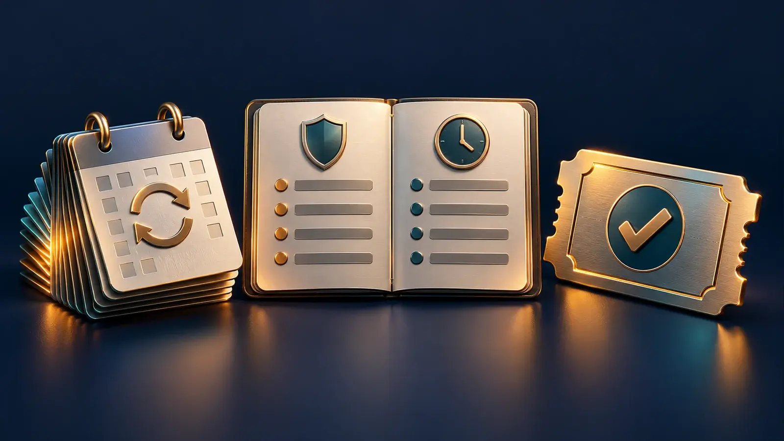 A recurring-fee calendar and a single-payment ticket flank a comparison folio with risk and timing symbols.