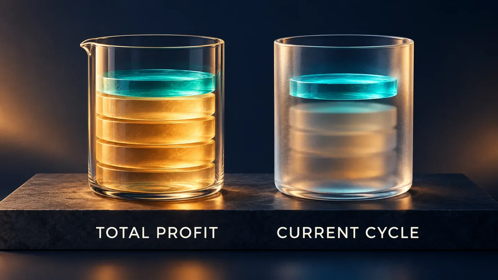 Two glass vessels distinguish total accumulated profit from profit earned in the current cycle.