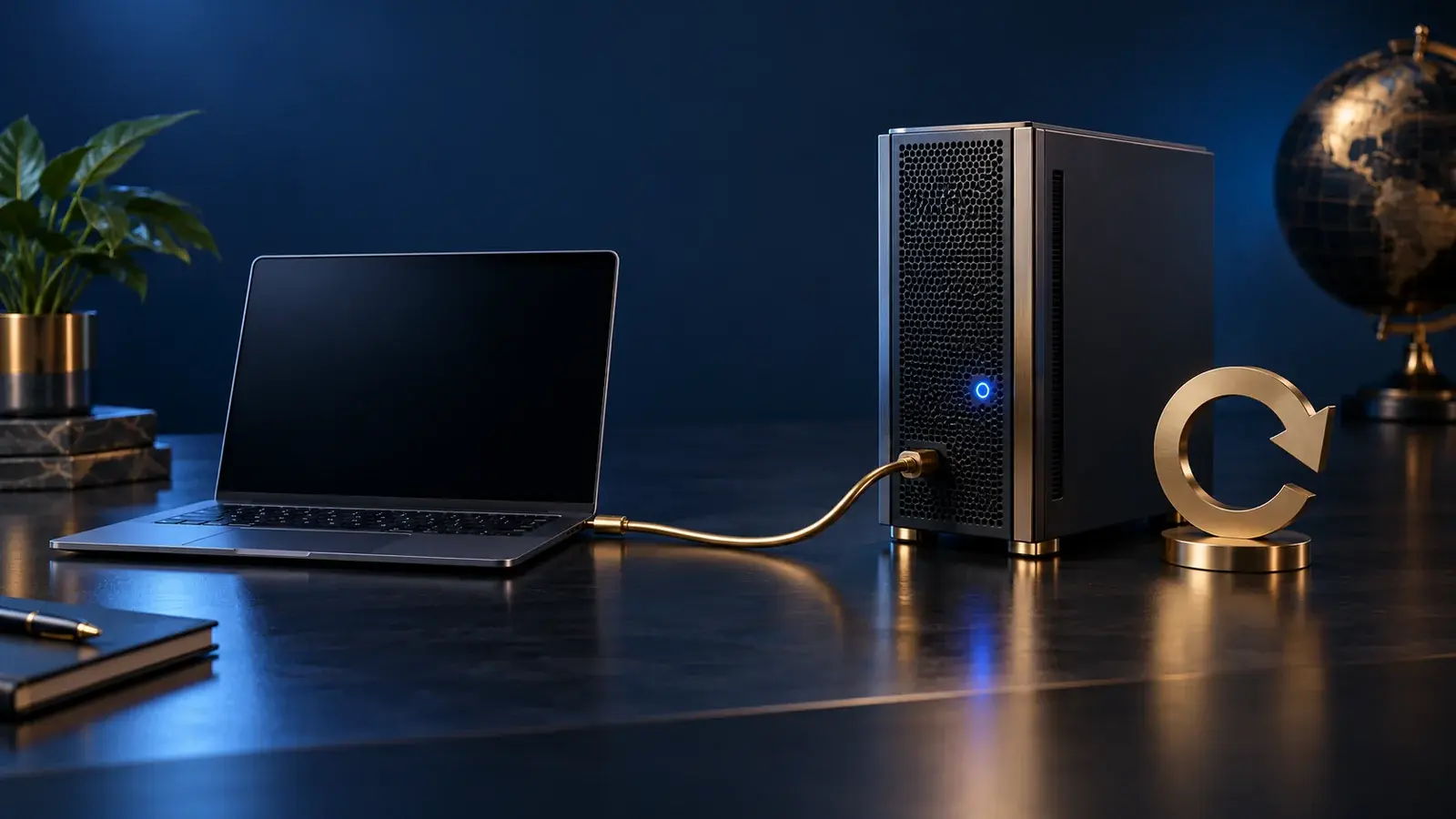 A laptop connected to a server tower beside a brass restart symbol.