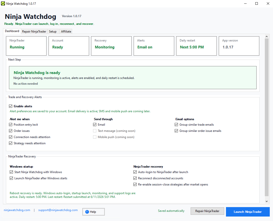 Ninja Watchdog dashboard showing platform status, email alerts, and recovery settings