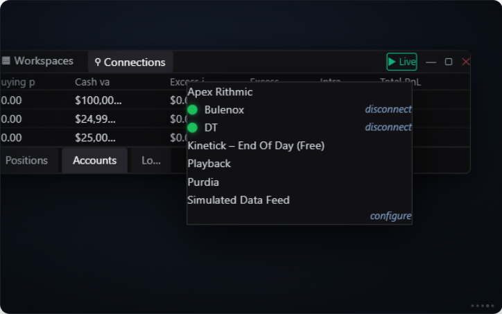 PropFirmConnector website demo showing multiple active Rithmic connections in NinjaTrader