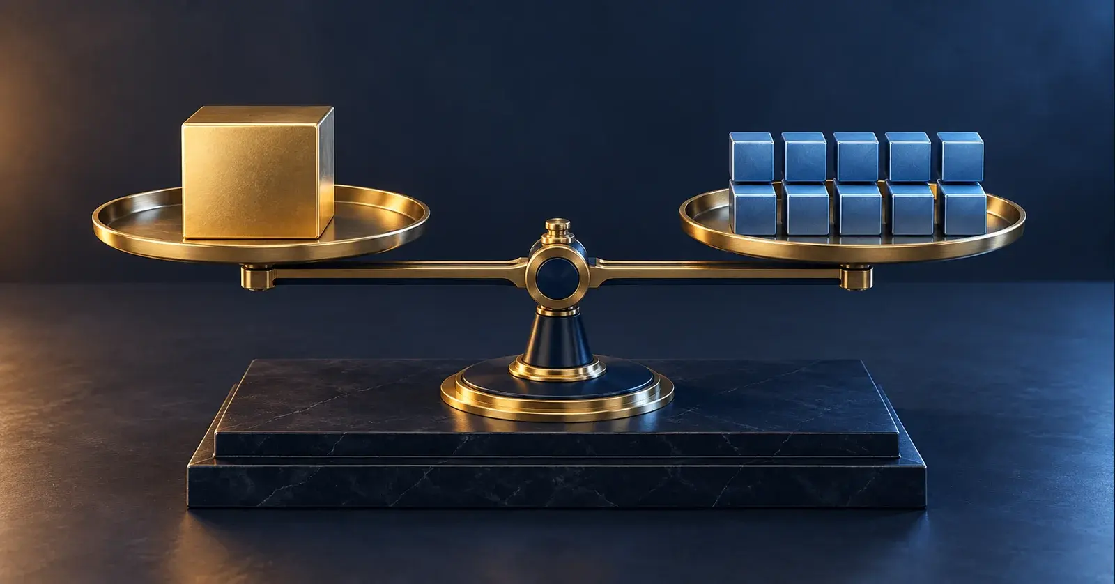 A level balance with one gold block and ten blue blocks illustrating the mini-to-micro position allowance.