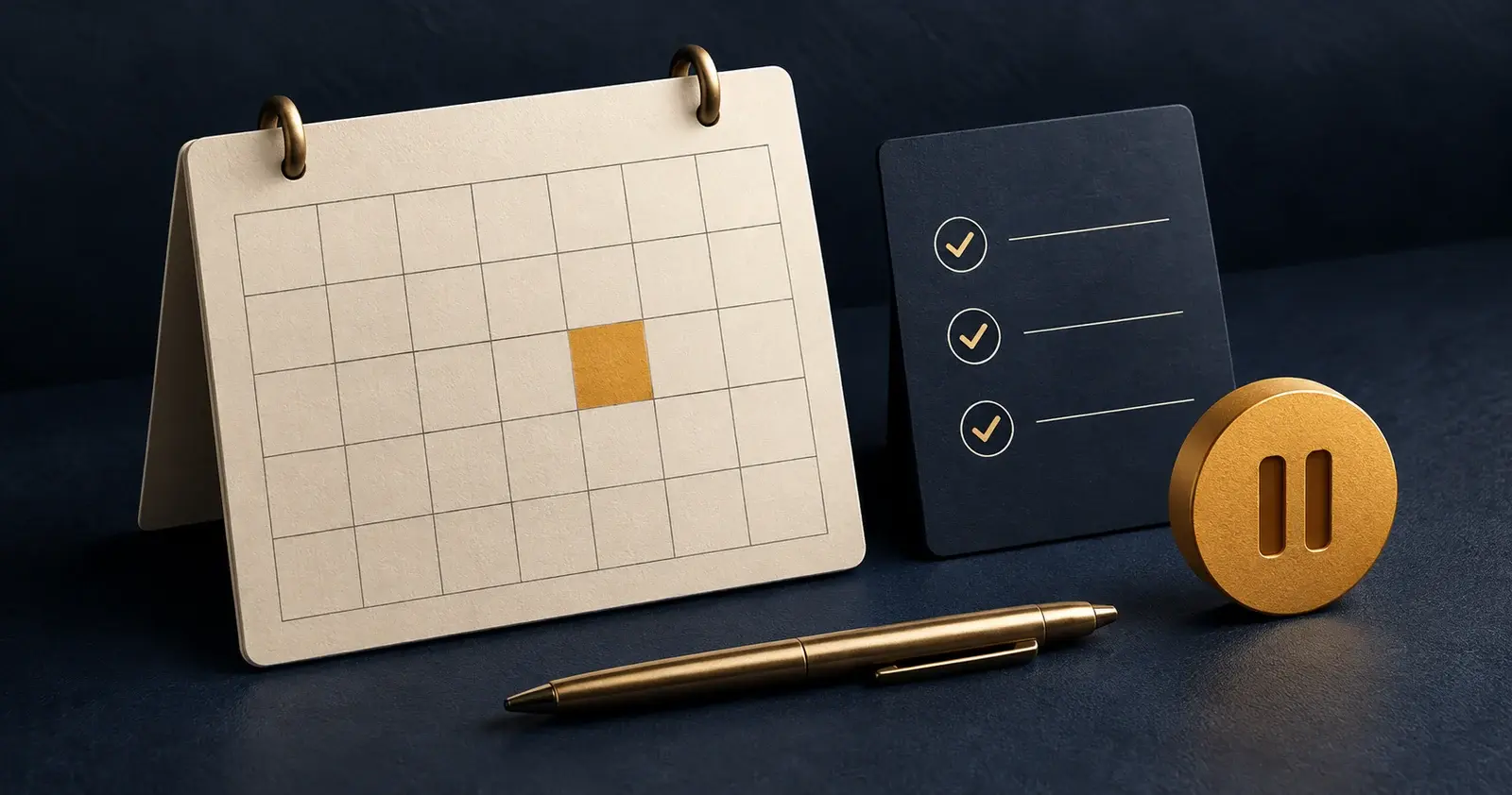 Conceptual calendar with an amber event marker beside a checklist, brass pen and pause symbol on a navy surface.