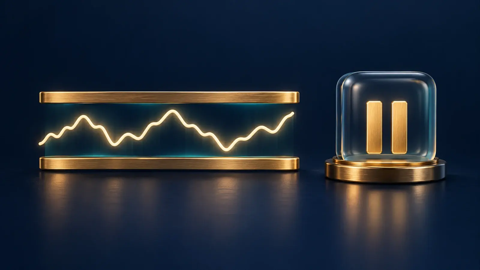 An illustrative price line between brass boundary rails beside a separate glass pause symbol.
