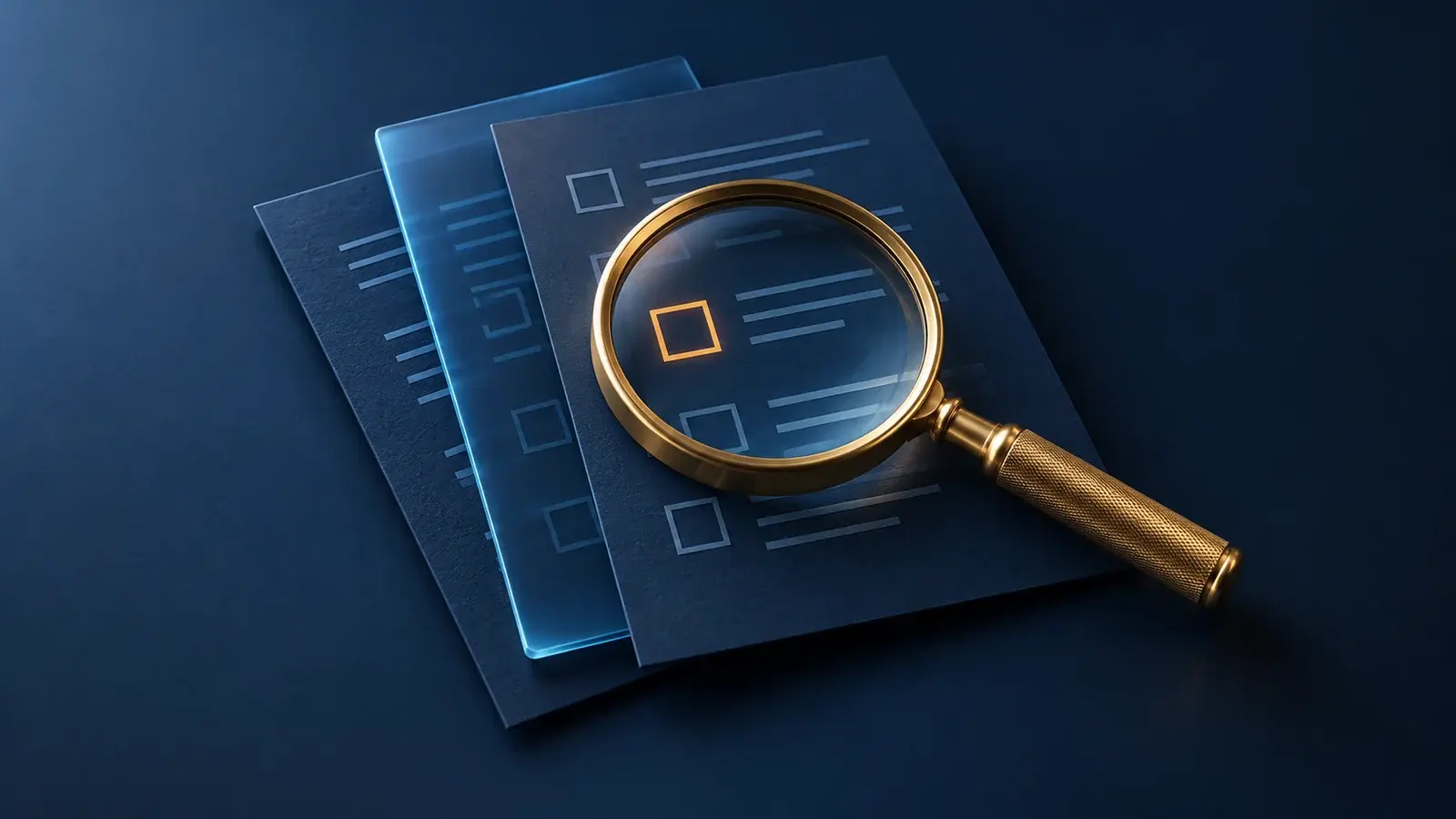 A brass magnifying glass examining a checklist on layered navy documents.