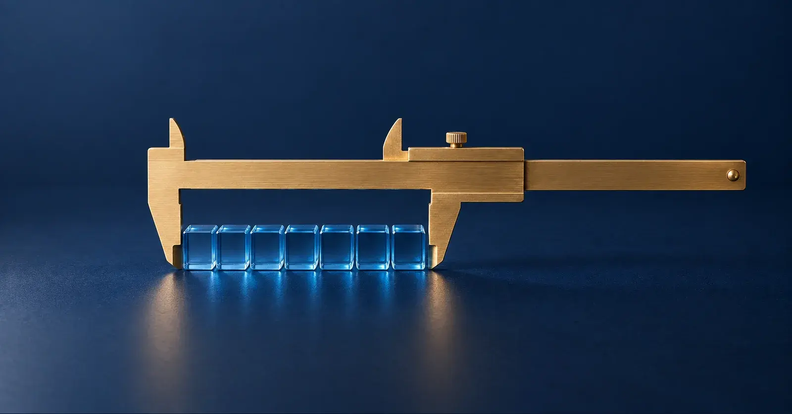 A brass caliper measures blue glass blocks, illustrating position size and risk measurement.