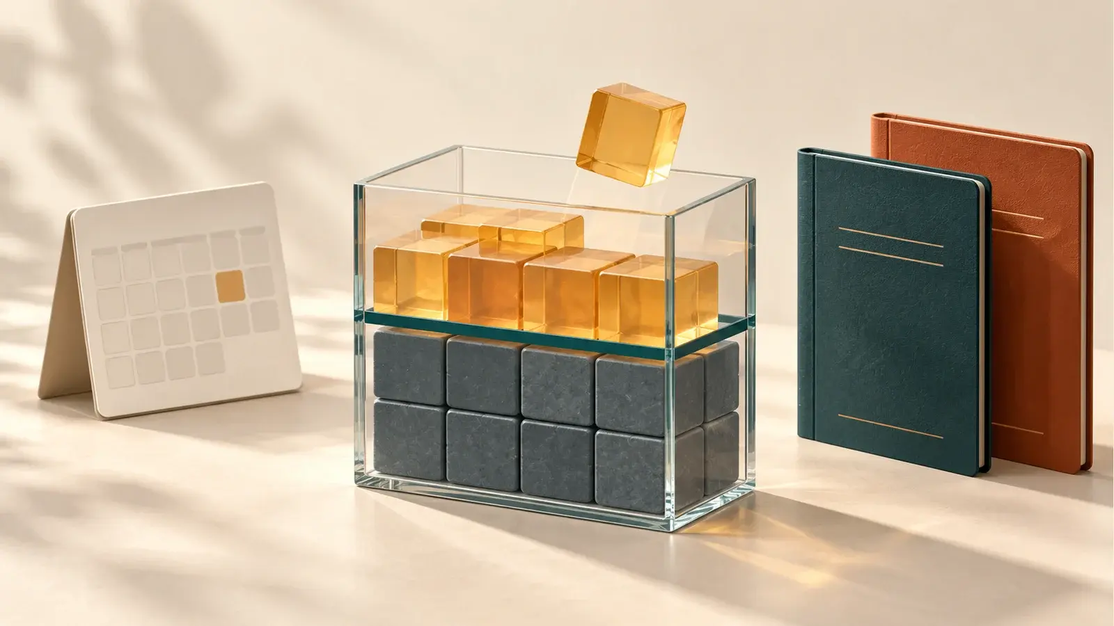 Amber blocks above a teal reserve line in a glass vessel, with a calendar and two rule books, illustrating a payout buffer.